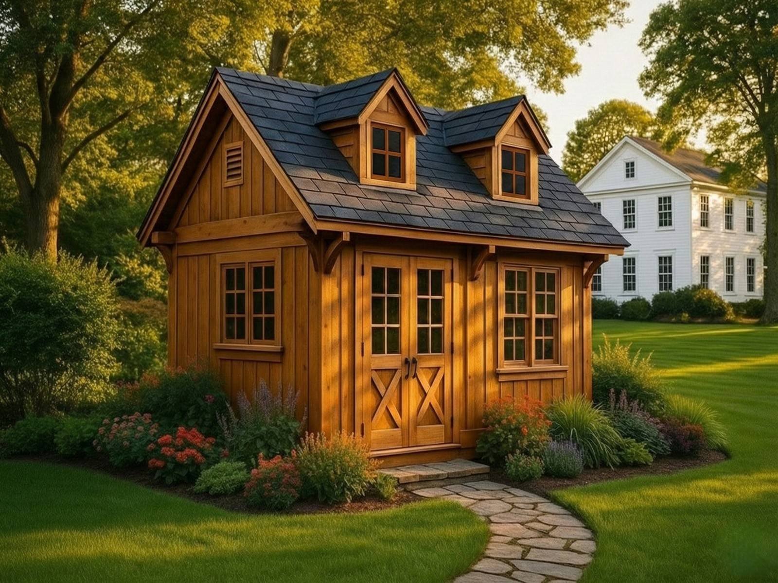 The Appalachian Carriage House — warm stain finish with double dormer