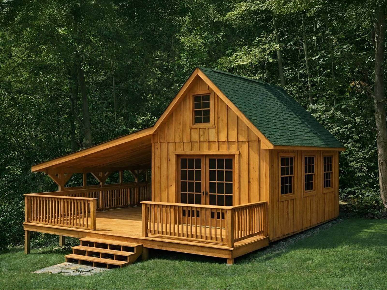 Grandpa Holt's Workshop — honey pine board and batten siding with optional deck railing