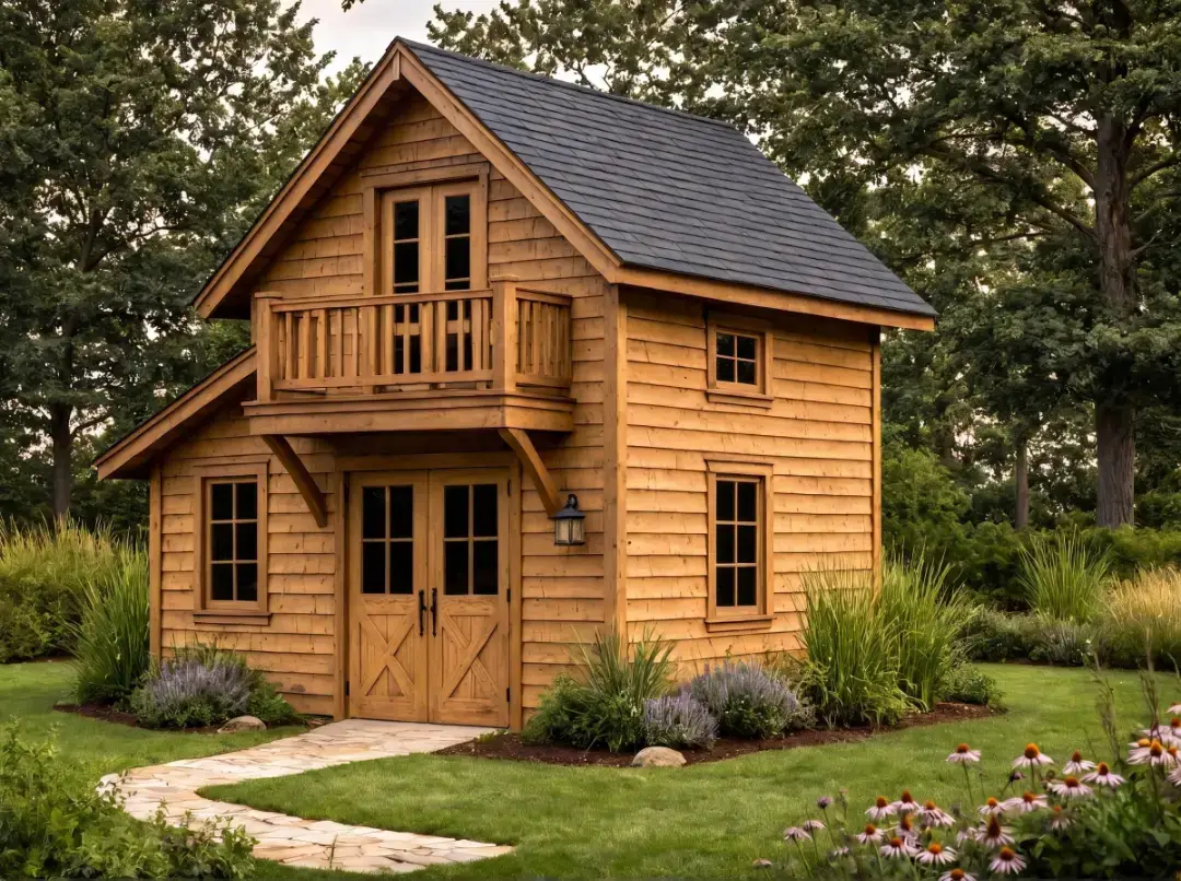 Pine Ridge Bunkie Appalachian-style backyard cabin with cedar siding, loft balcony, and double wood doors in landscaped yard Cincinnati Ohio