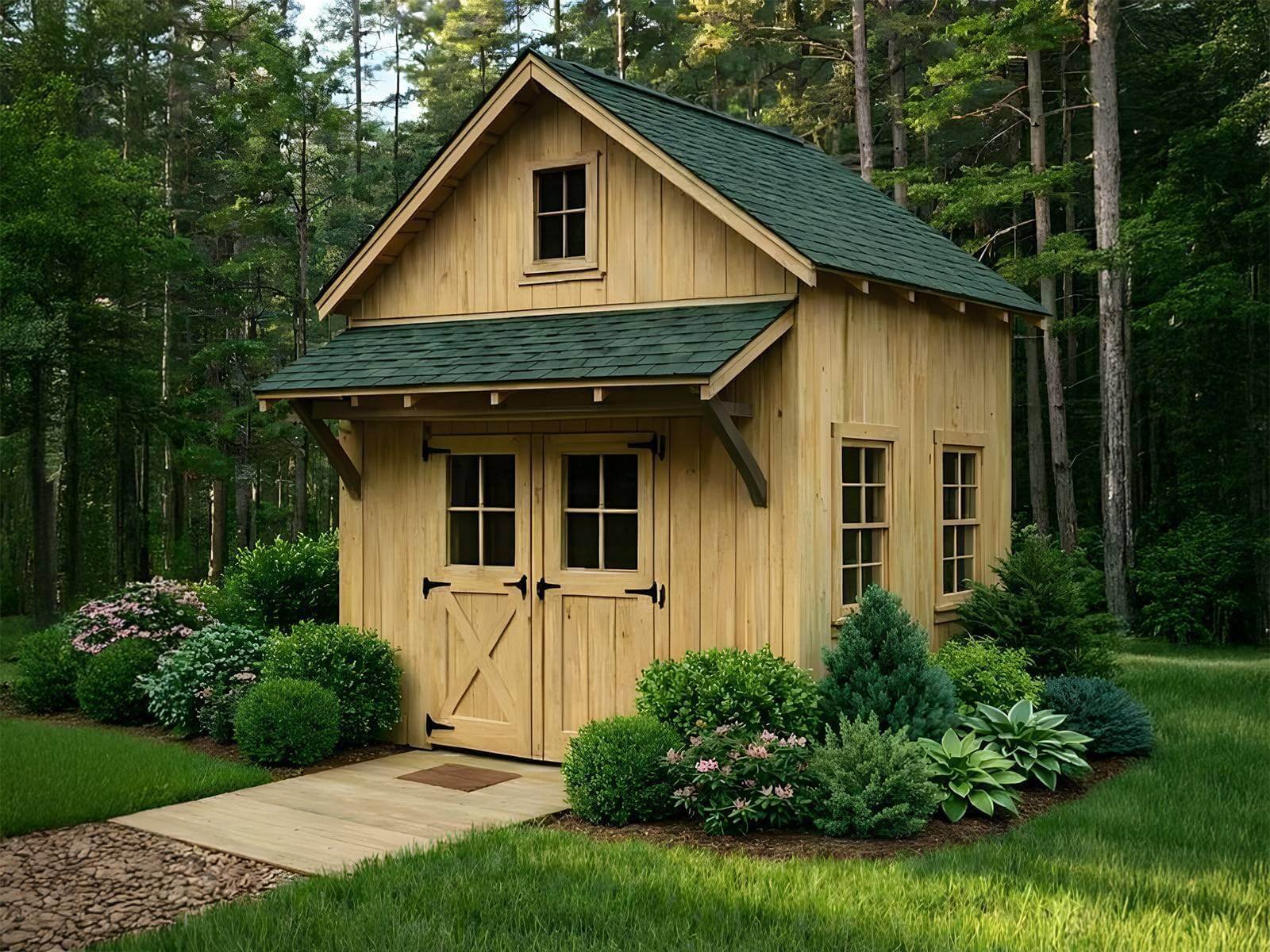 Appalachian Slade Mountain Shed with steep cabin-inspired roofline, covered entry, barn sash windows, and finish-ready backyard retreat potential built on-site in the Cincinnati Ohio region