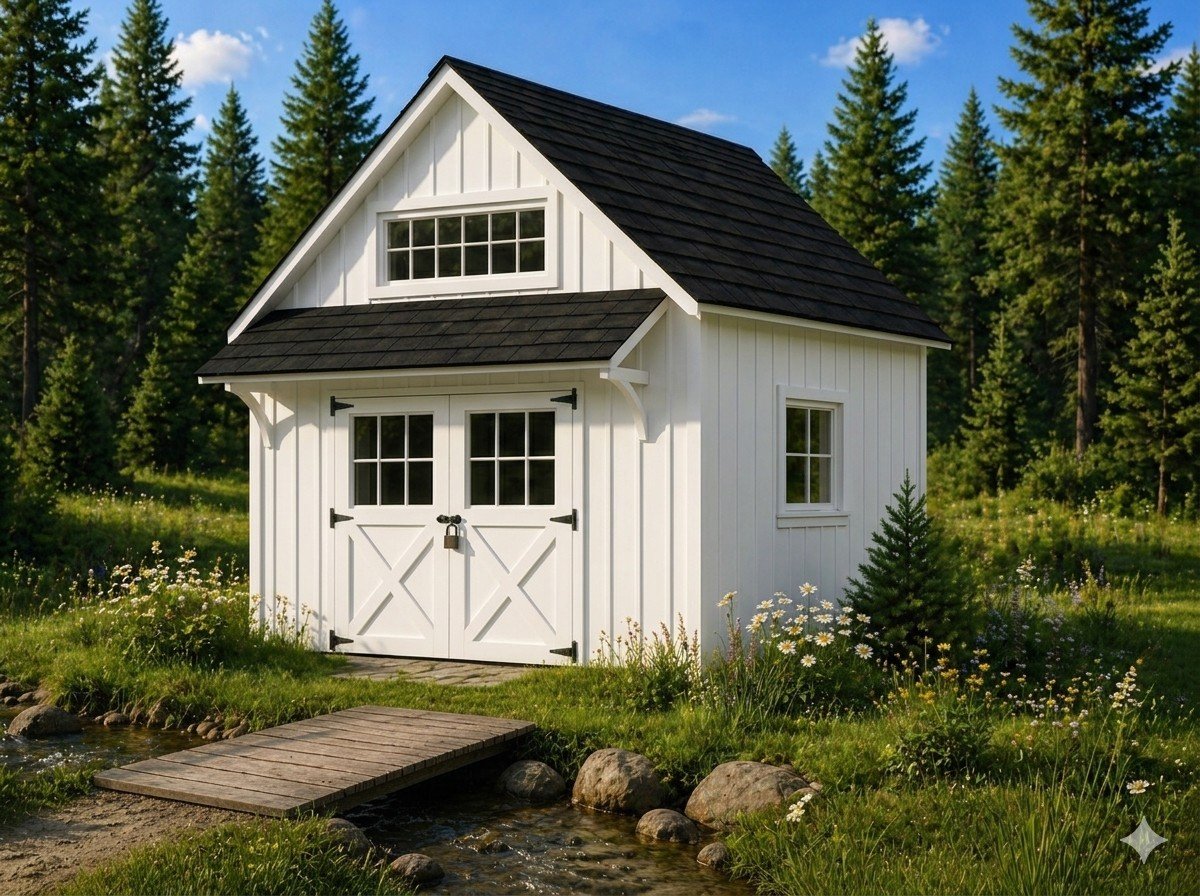 Appalachian Slade Mountain shed with LP SmartSide Frost White Board and Batten Siding
