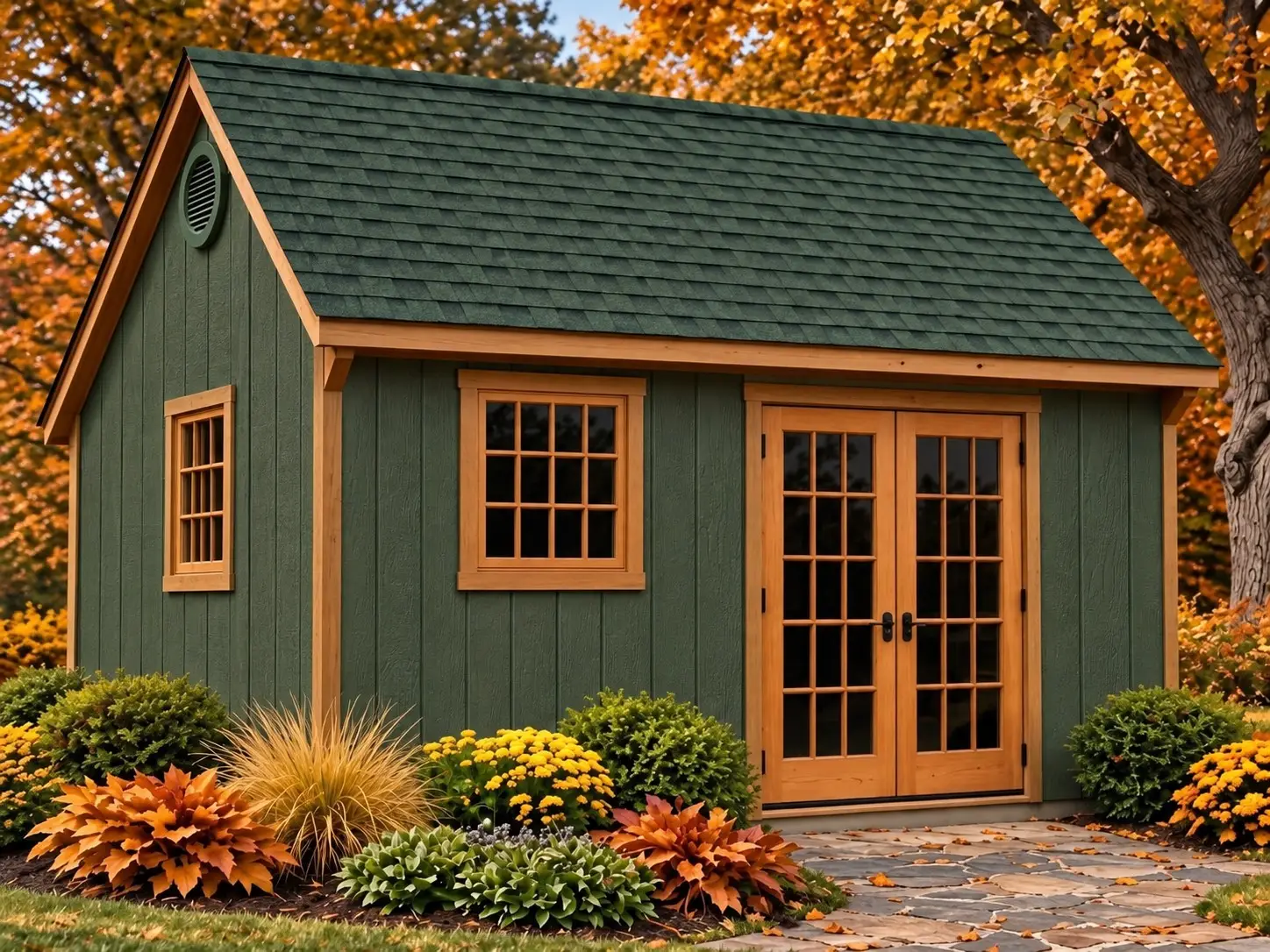 Appalachian shed with green Roseburg DuraTemp vertical siding