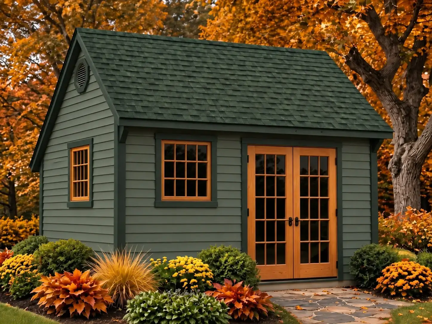 Appalachian shed with sage green Georgia-Pacific Forest Ridge vinyl lap siding