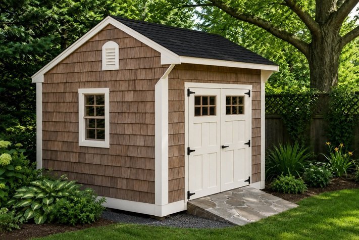 Appalachian Antique Saltbox shed in a summer landscape setting