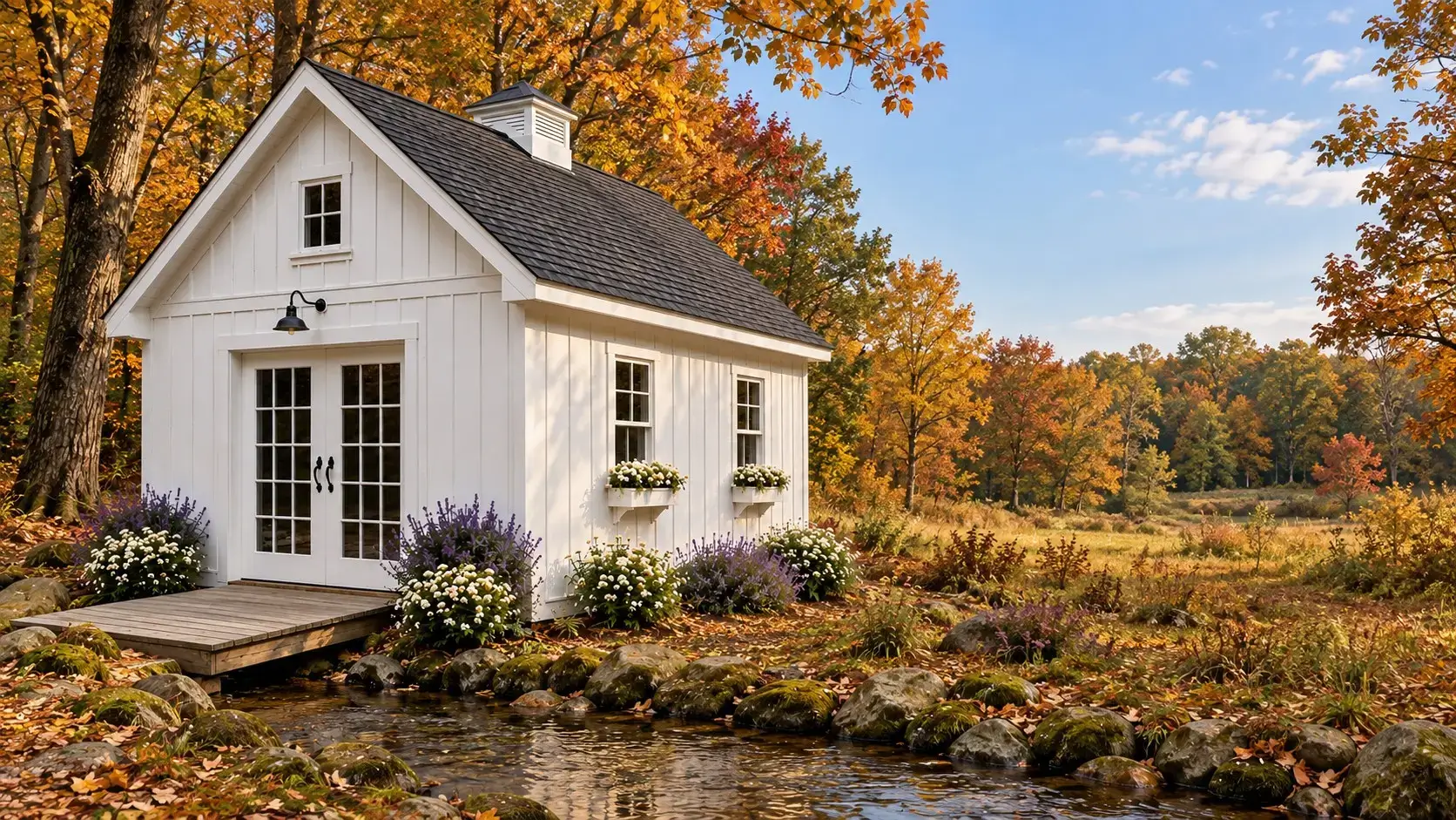Appalachian Signature Country Cottage shed beside a creek in an autumn landscape