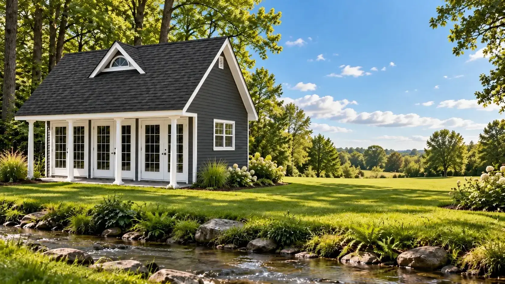Appalachian custom pool house and small building beside a landscaped creek